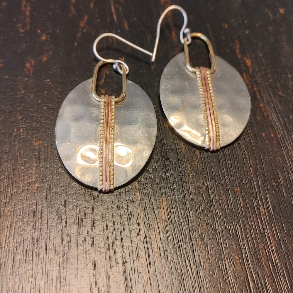 3 tone hammered earrings- silver, gold, and copper.